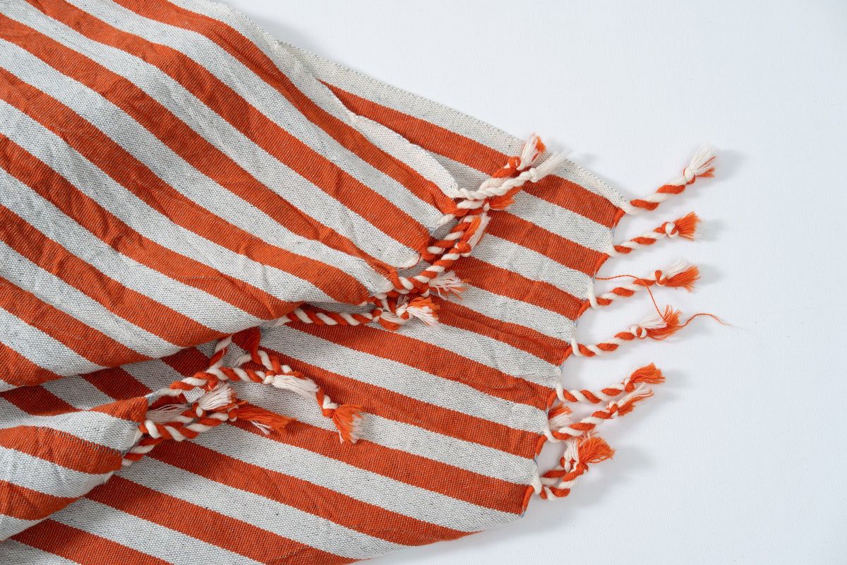 Girit Burgundy Cotton Linen Turkish Towel, Rust and Cream Stripe – view 3