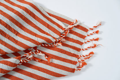 Girit Burgundy Cotton Linen Turkish Towel, Rust and Cream Stripe – view 3