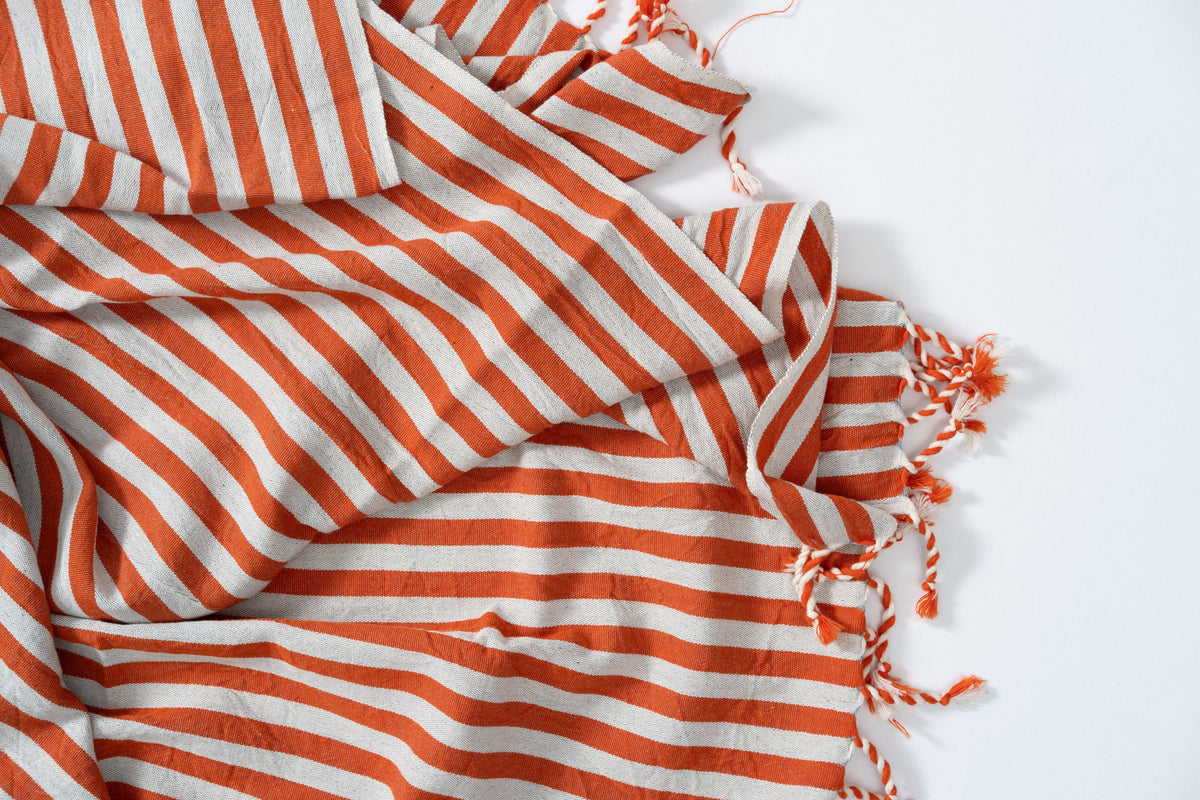 Girit Burgundy Cotton Linen Turkish Towel, Rust and Cream Stripe – view 4