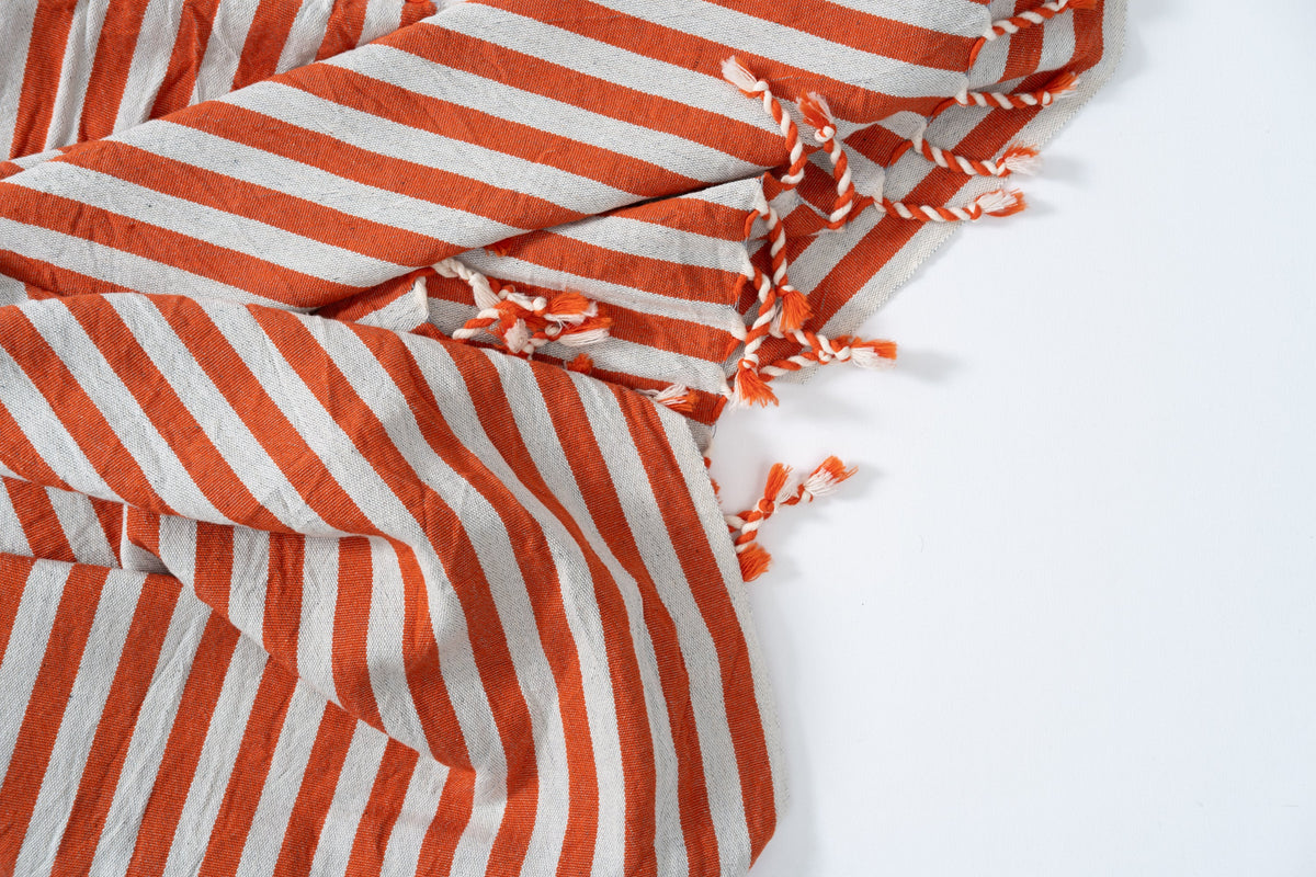 Girit Burgundy Cotton Linen Turkish Towel, Rust and Cream Stripe – view 5