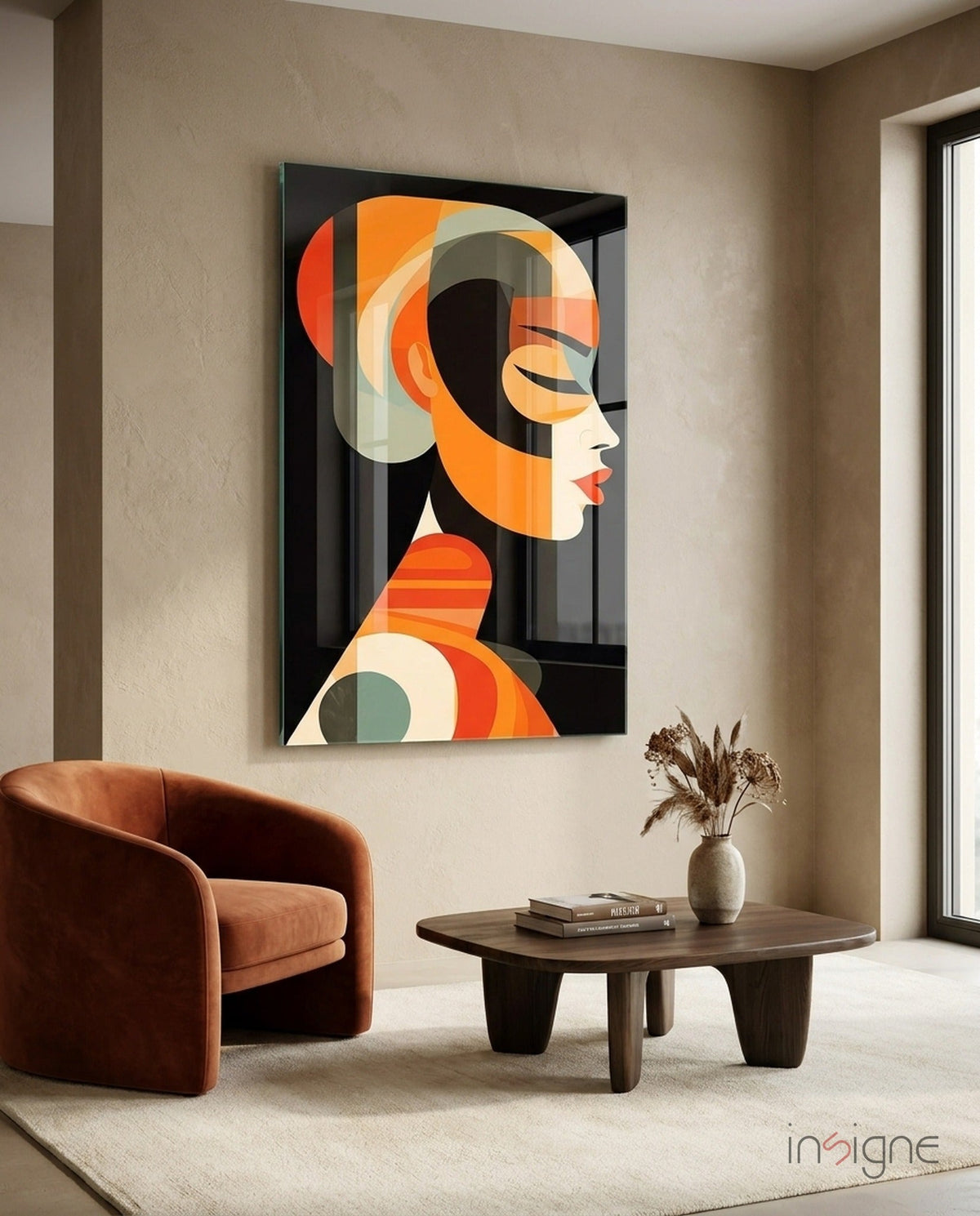 Mid-century modern female profile glass wall art in tangerine and sage on black in a stylish foyer