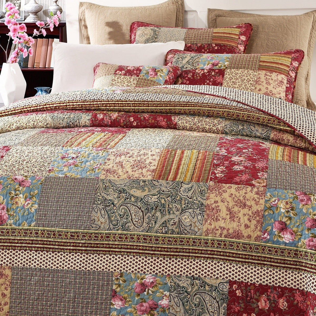 Fairy Tale Tea Party Beige and Burgundy Cotton Patchwork Quilt Set – view 3