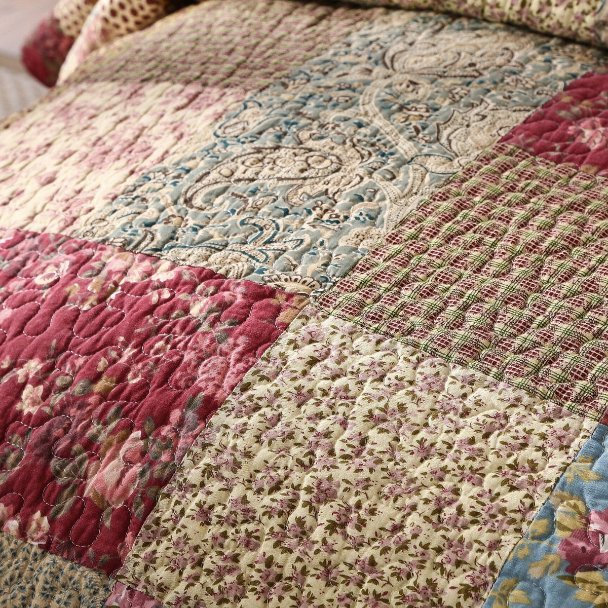 Fairy Tale Tea Party Beige and Burgundy Cotton Patchwork Quilt Set – view 4