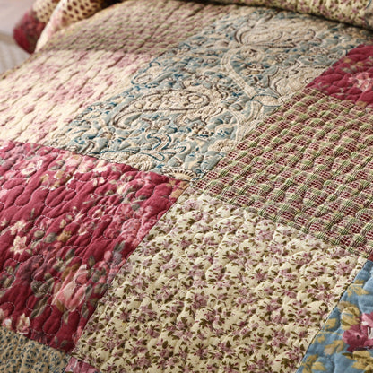 Fairy Tale Tea Party Beige and Burgundy Cotton Patchwork Quilt Set – view 4
