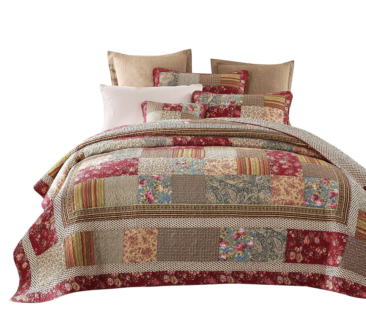 Fairy Tale Tea Party Beige and Burgundy Cotton Patchwork Quilt Set – view 9