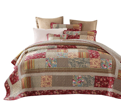 Fairy Tale Tea Party Beige and Burgundy Cotton Patchwork Quilt Set – view 9