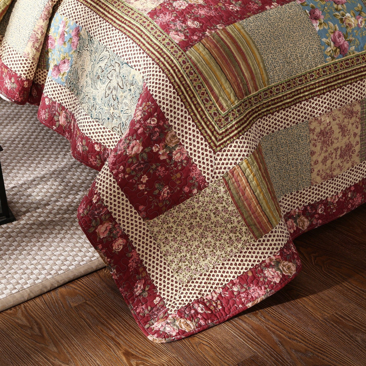 Fairy Tale Tea Party Beige and Burgundy Cotton Patchwork Quilt Set – view 5