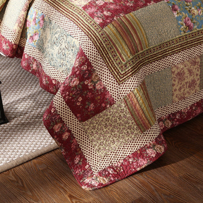 Fairy Tale Tea Party Beige and Burgundy Cotton Patchwork Quilt Set – view 5