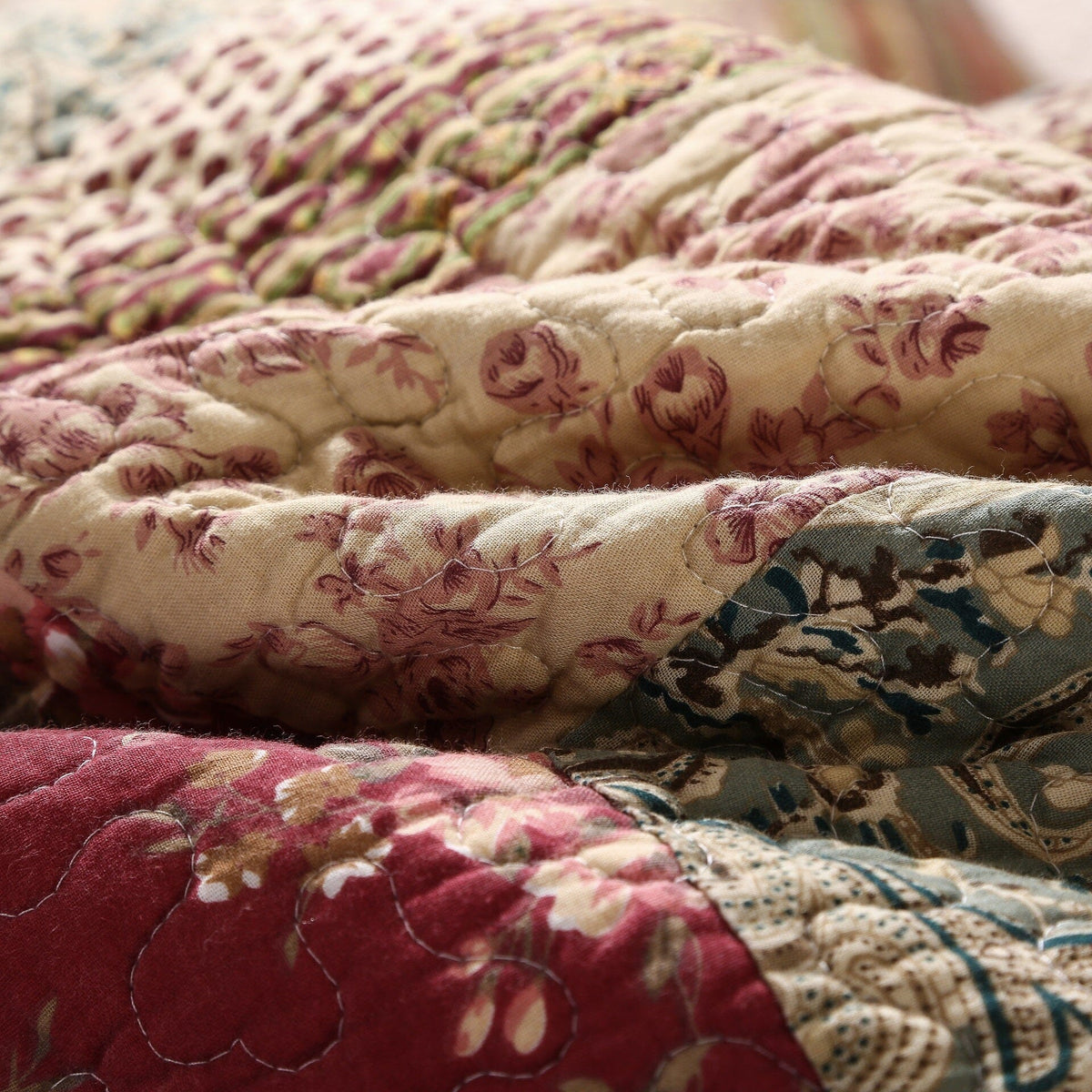 Fairy Tale Tea Party Beige and Burgundy Cotton Patchwork Quilt Set – view 6