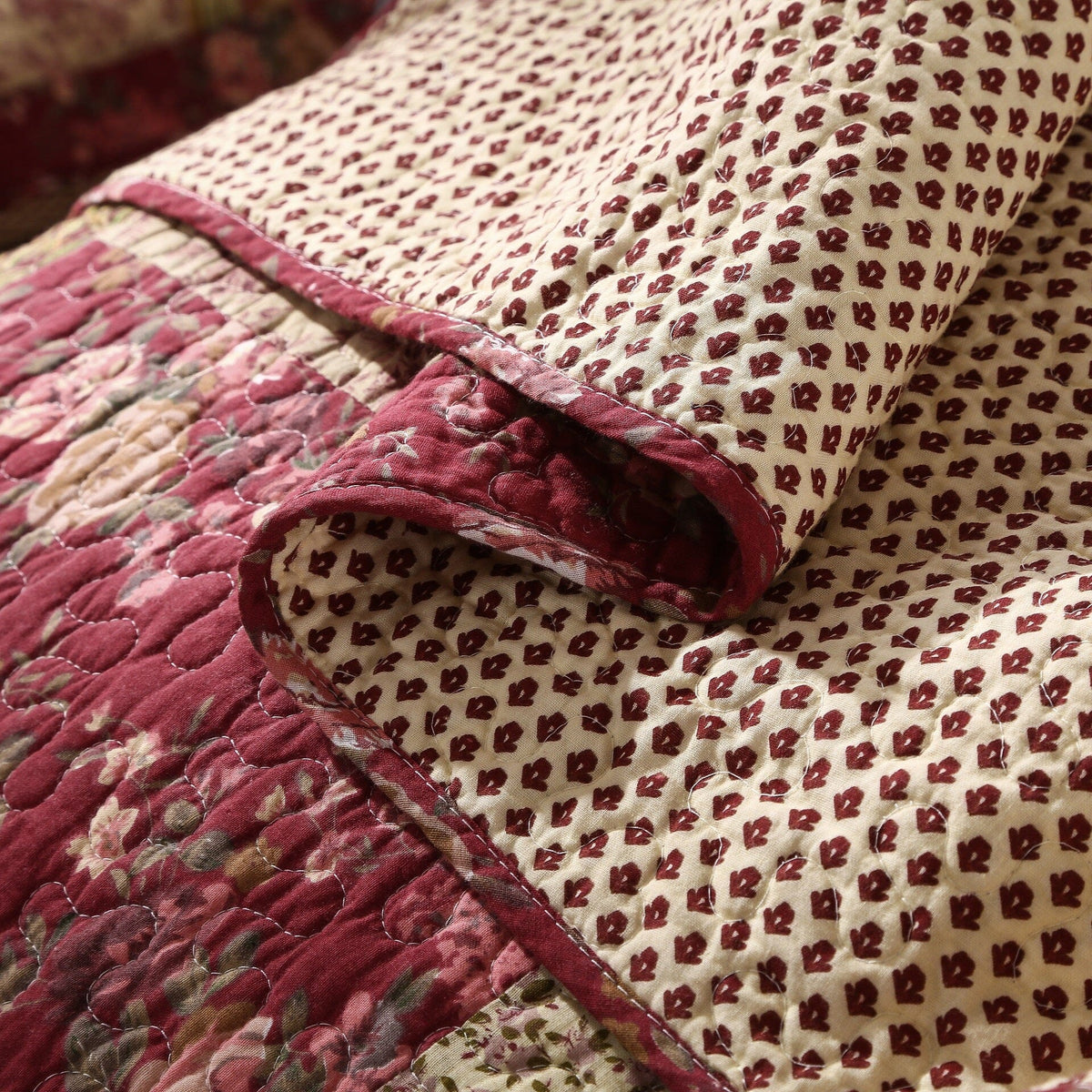 Fairy Tale Tea Party Beige and Burgundy Cotton Patchwork Quilt Set – view 7