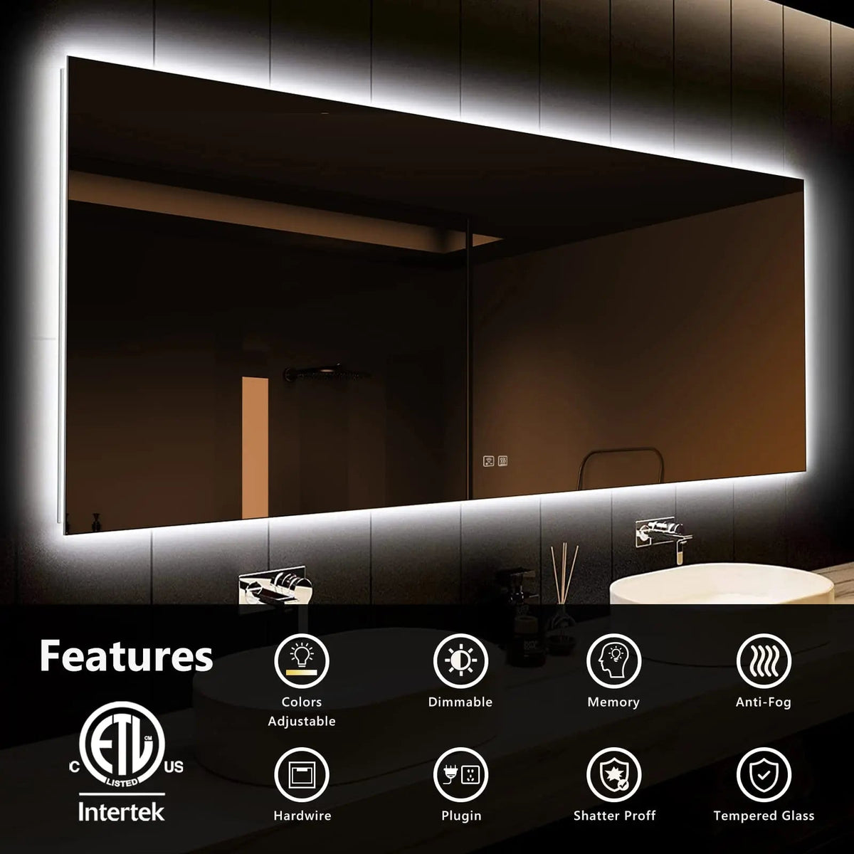 Deluxe Sleek Backlit LED Bathroom Mirror with Anti-Fog, Large Sizes – view 4