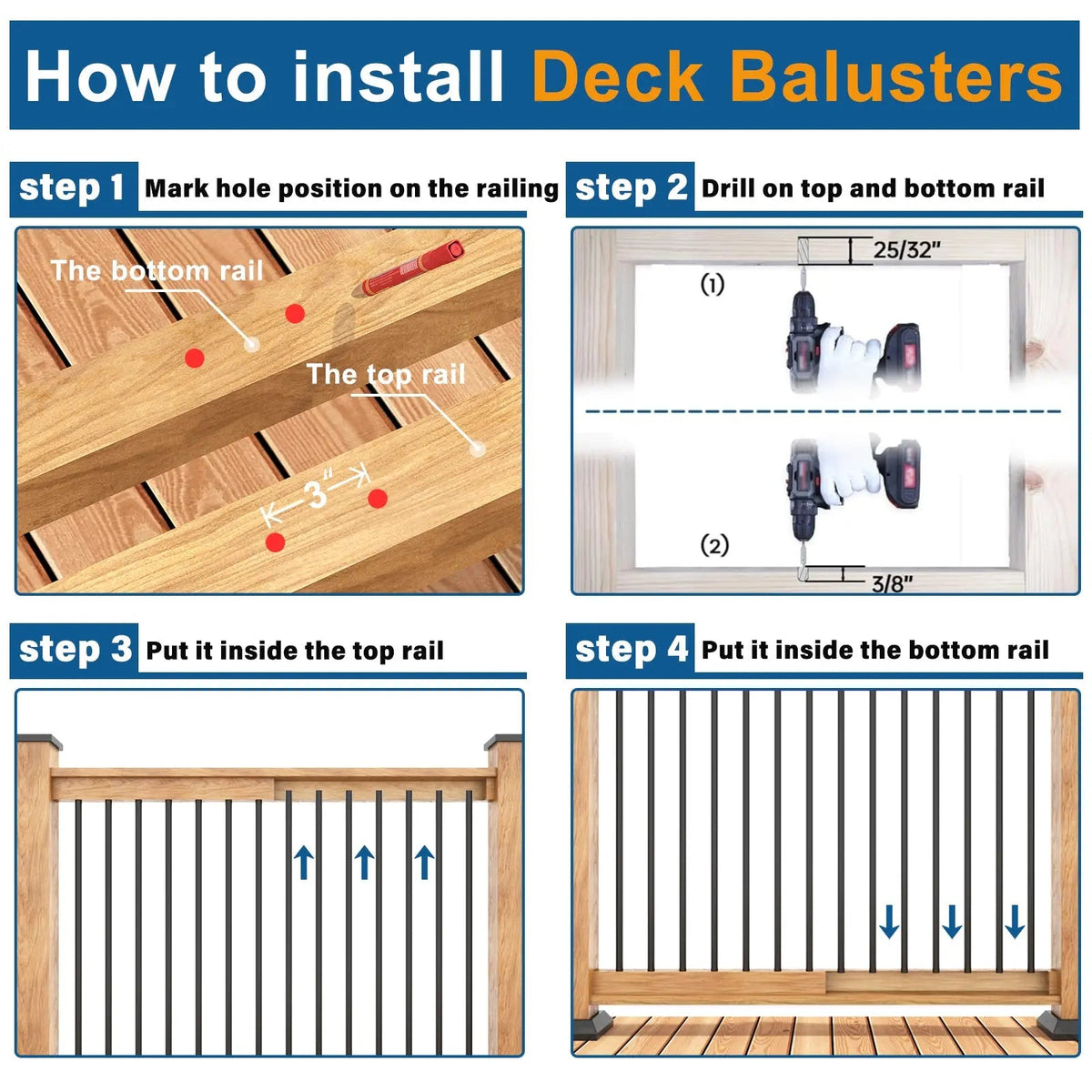 Wrought Iron Hollow Deck Balusters with Screws and Connectors – view 3