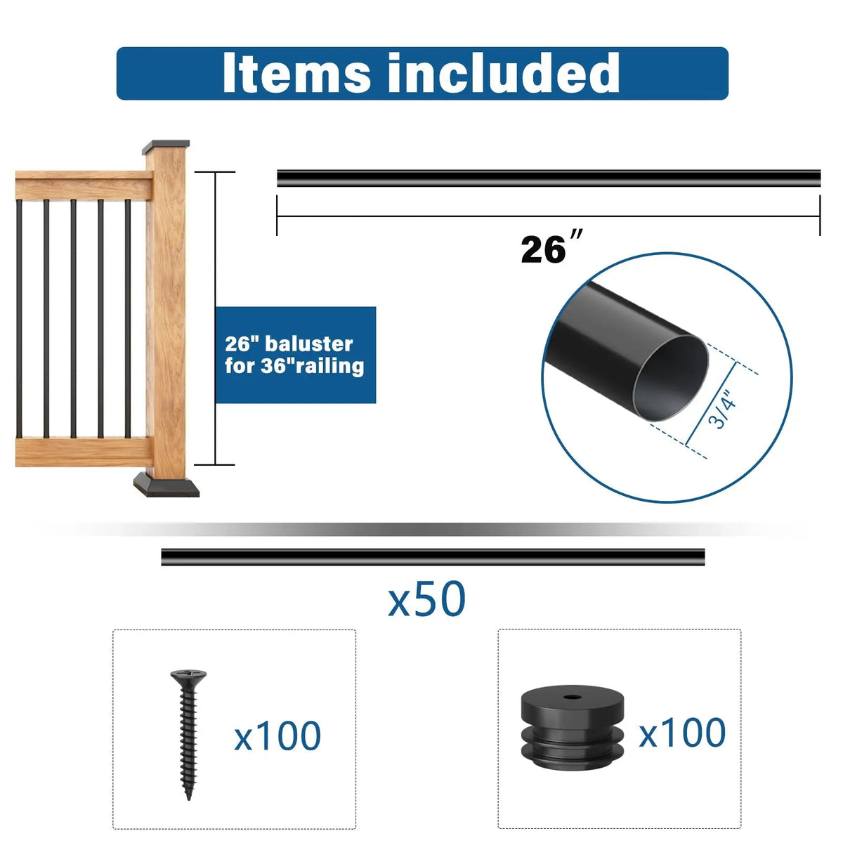 Wrought Iron Hollow Deck Balusters with Screws and Connectors – view 4