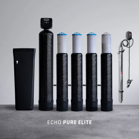 Echo whole home water filter system installed in a home utility room on the main water line