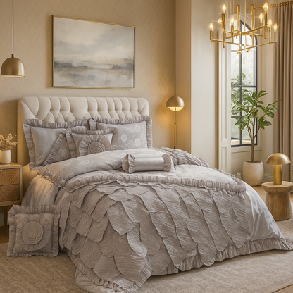Polyester Satin Ruffle Rose Petals Comforter Set in Silver
