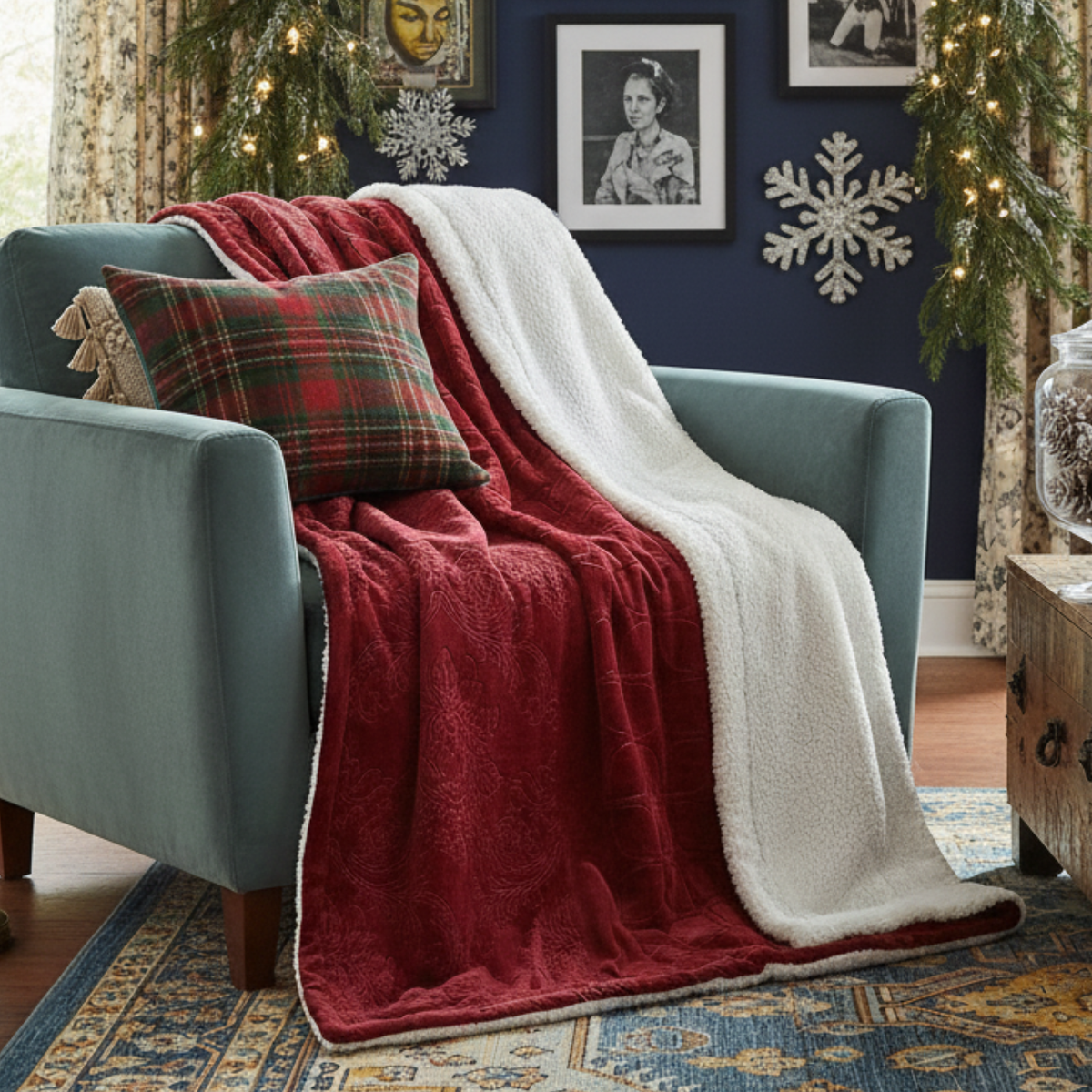 Embossed Merlot Red Sherpa Microfleece Reversible Throw Blanket