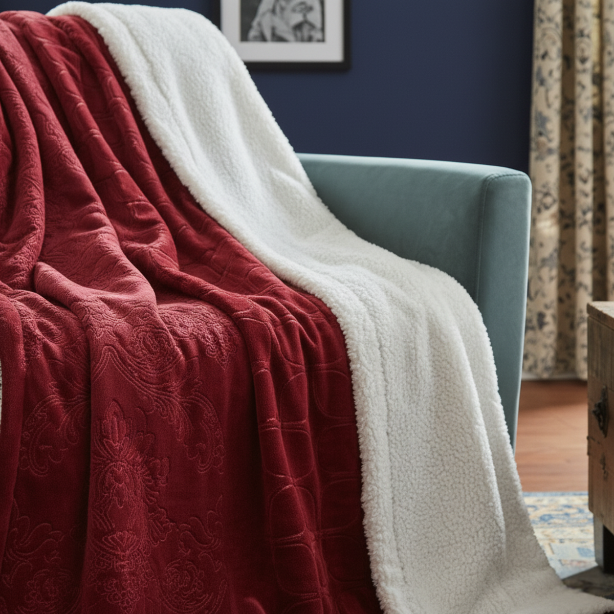 Merlot Red Embossed Reversible Microfleece and Sherpa Throw Blanket – view 7