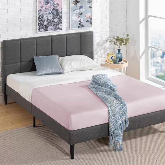 Full Size Grey Upholstered Platform Bed Frame with Padded Headboard – view 2