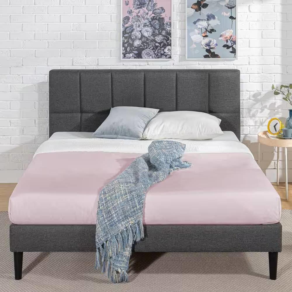 Full Size Grey Upholstered Platform Bed Frame with Padded Headboard – view 4