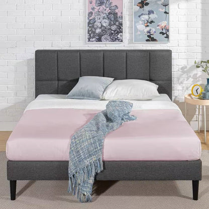 Full Size Grey Upholstered Platform Bed Frame with Padded Headboard – view 4