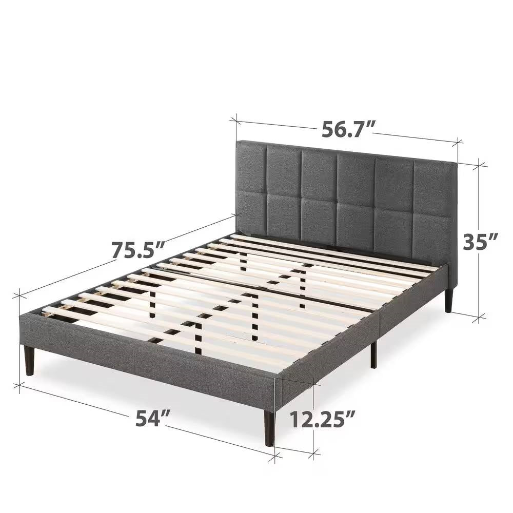 Full Size Grey Upholstered Platform Bed Frame with Padded Headboard – view 5