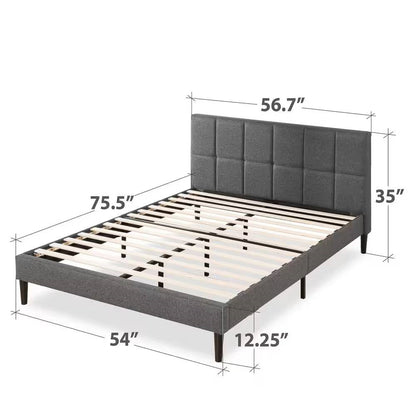 Full Size Grey Upholstered Platform Bed Frame with Padded Headboard – view 5
