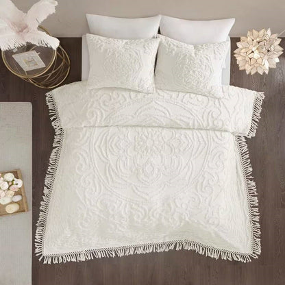 Off-White Cotton Chenille Medallion Bedspread Set with Fringe, Full/Queen – view 2