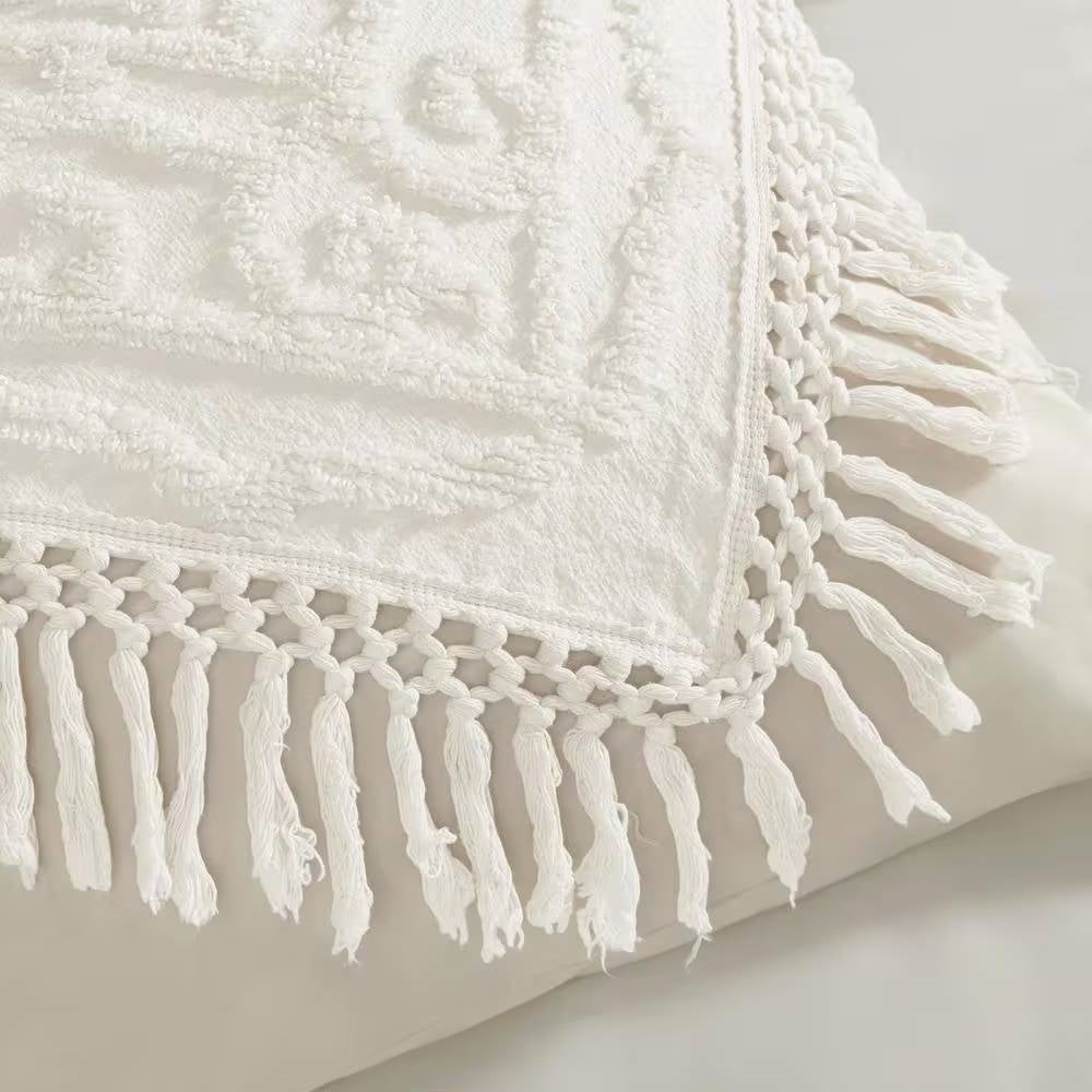 Off-White Cotton Chenille Medallion Bedspread Set with Fringe, Full/Queen – view 3