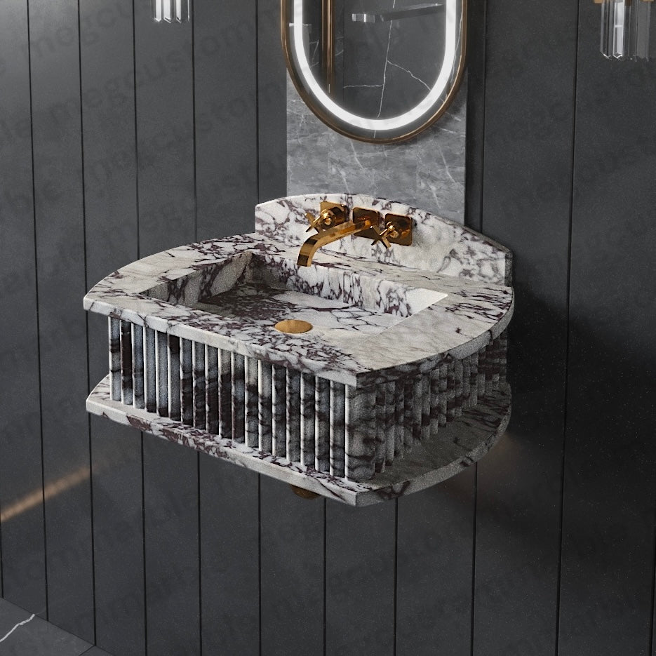 Calacatta Viola Marble Fluted Wall-Mount Bathroom Sink with Backsplash – view 5