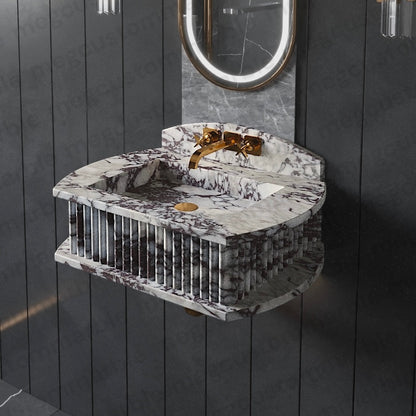 Calacatta Viola Marble Fluted Wall-Mount Bathroom Sink with Backsplash – view 5