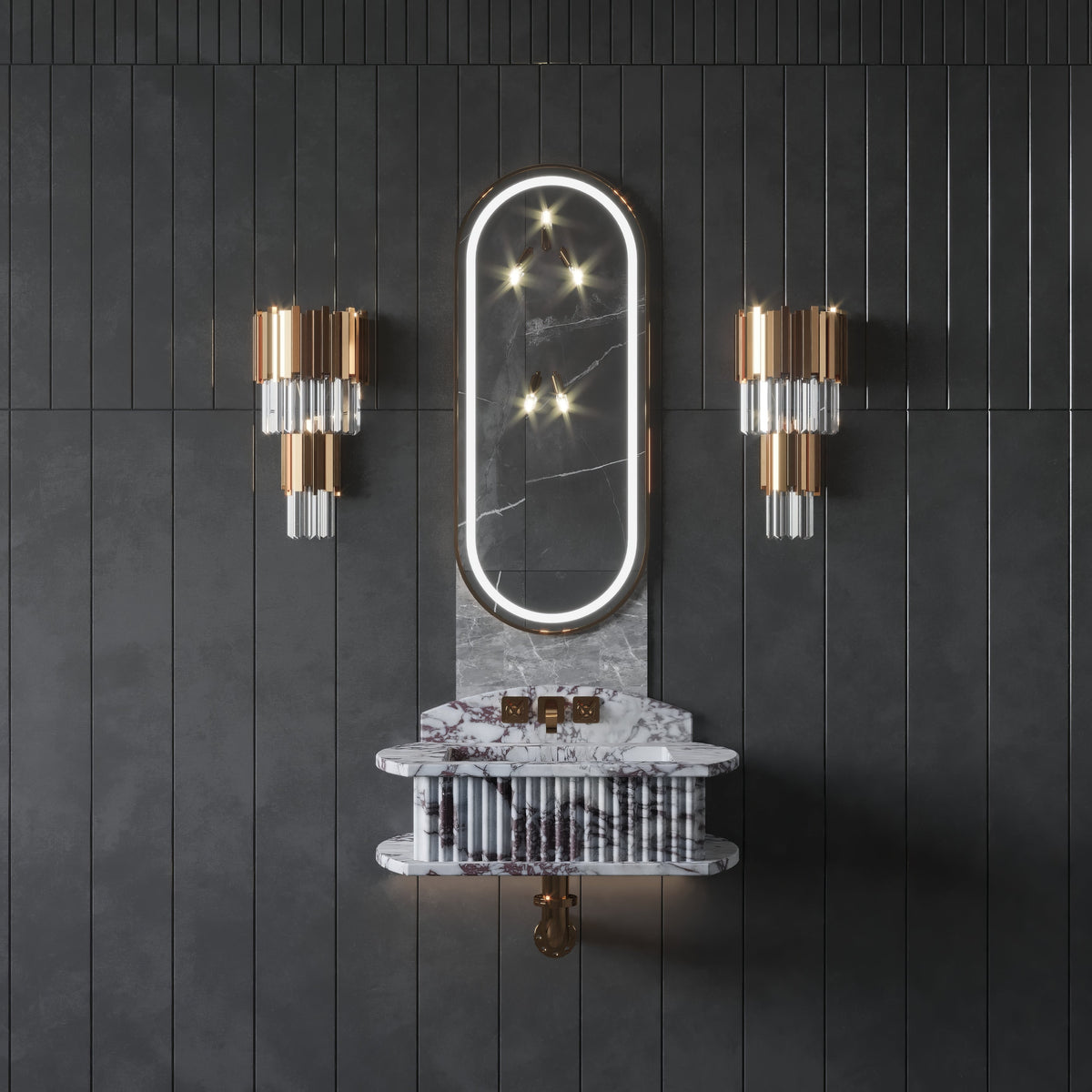 Calacatta Viola Marble Fluted Wall-Mount Bathroom Sink with Backsplash – view 3