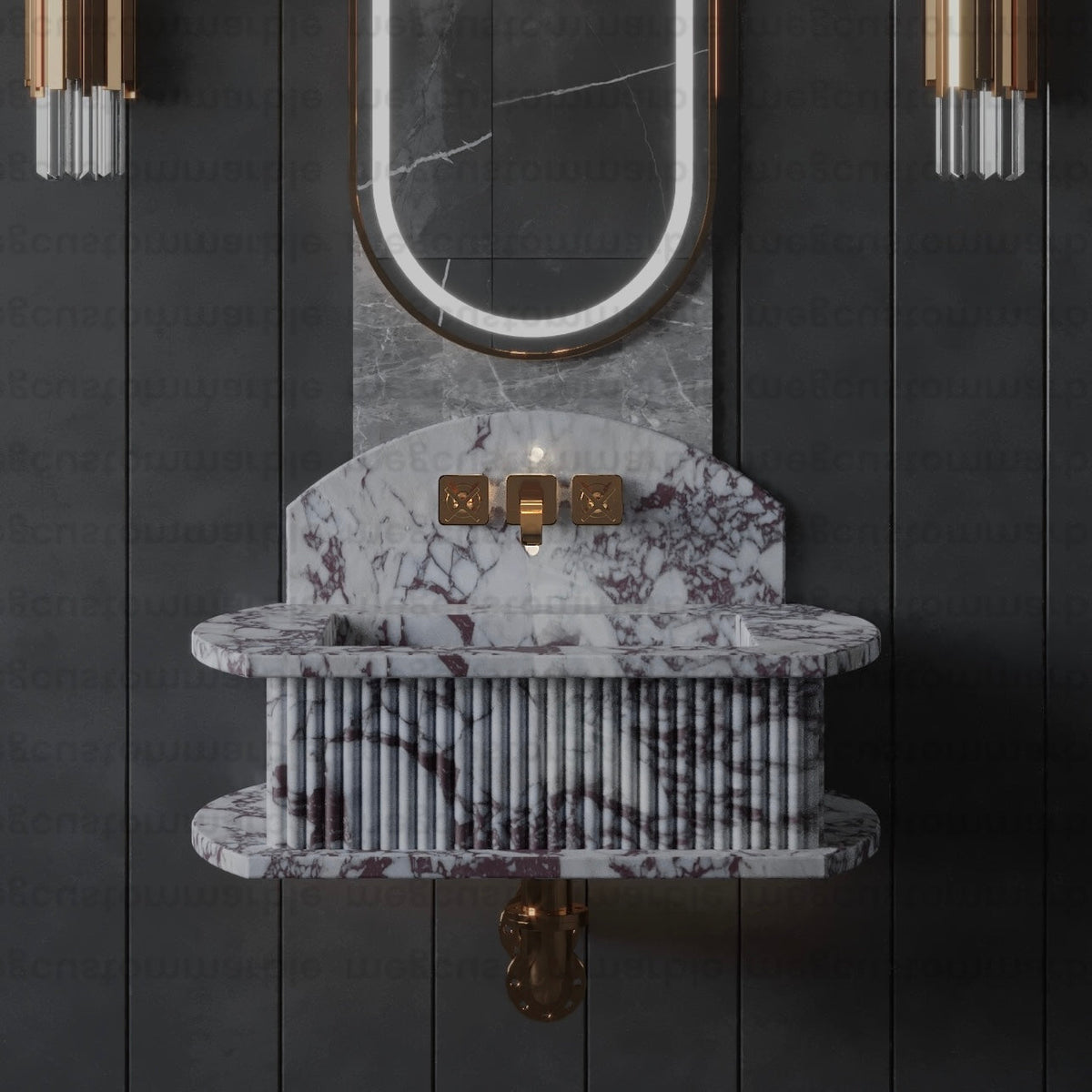 Fluted Calacatta Viola Marble Wall-Mounted Bathroom Sink, Semi-Polished – view 2