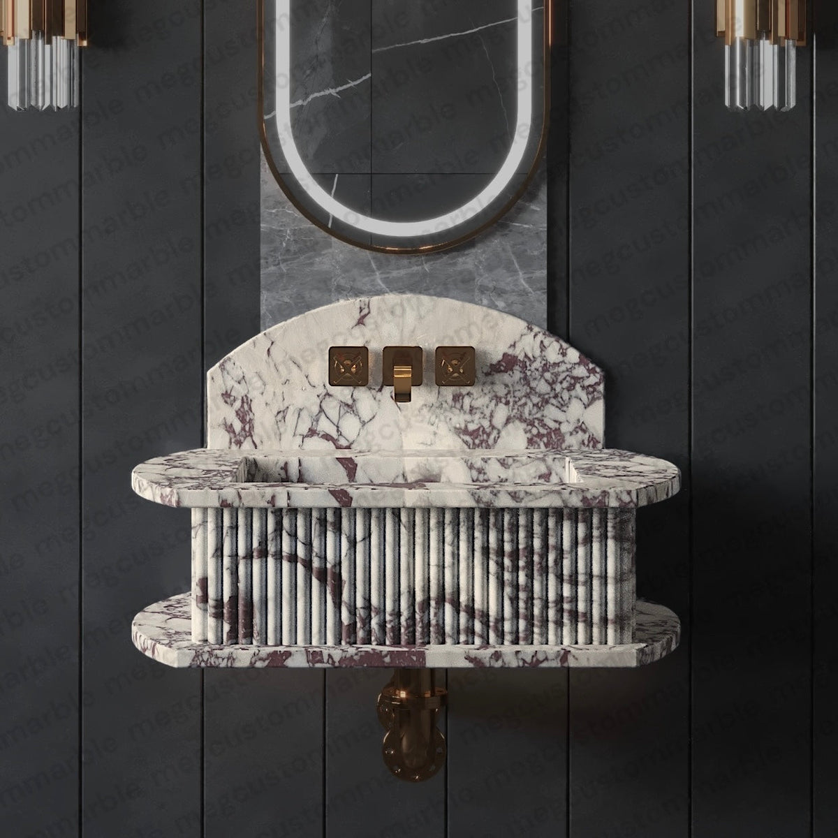 Calacatta Viola Marble Fluted Wall-Mount Bathroom Sink with Backsplash – view 2