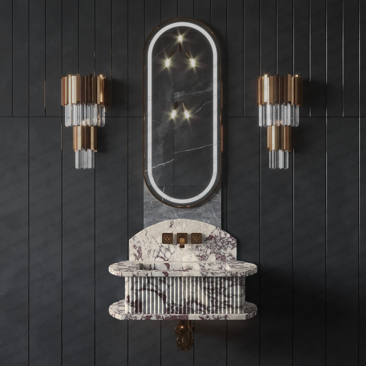 Fluted Calacatta Viola Marble Wall-Mounted Bathroom Sink, Semi-Polished – view 6