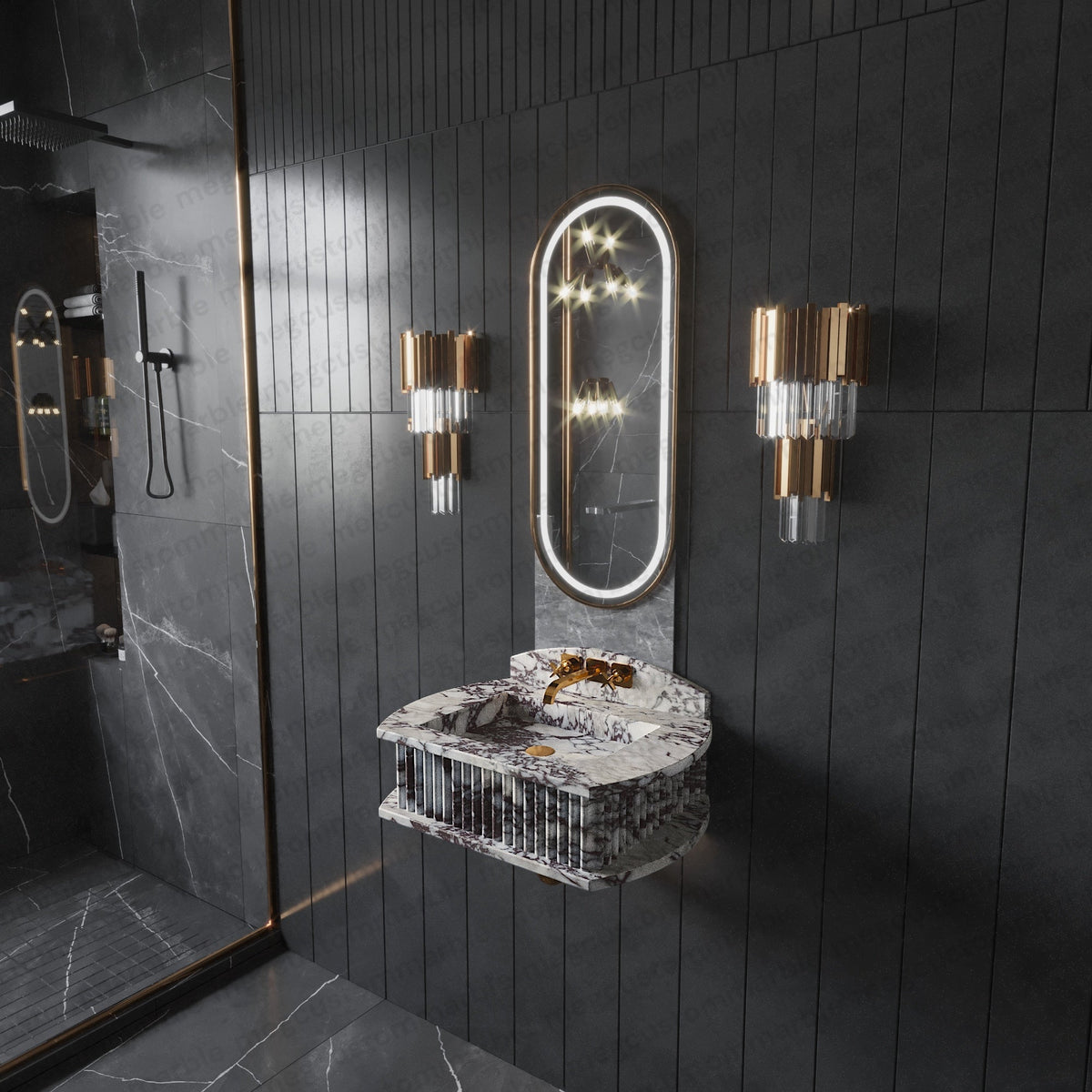 Calacatta Viola Marble Fluted Wall-Mount Bathroom Sink with Backsplash – view 7