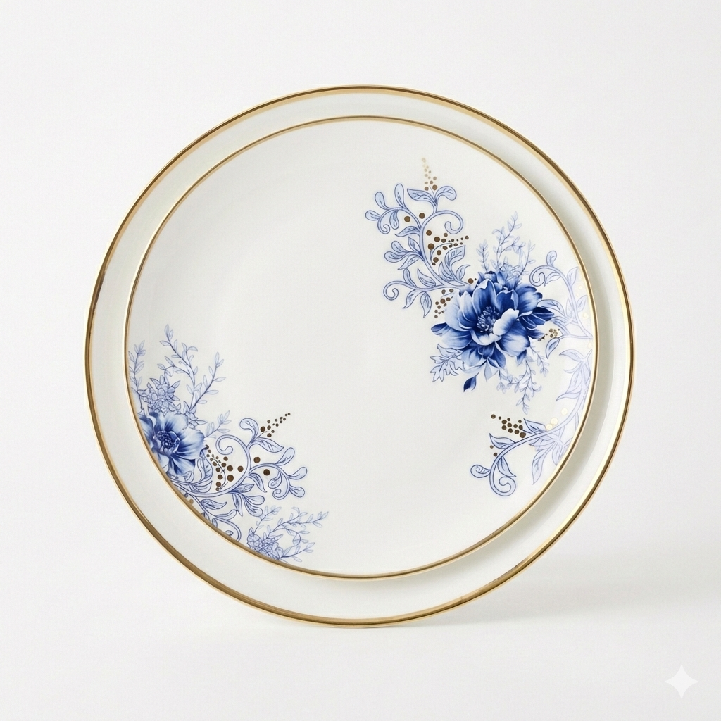 Porcelain Blue Floral Accent Plates, Set of Four