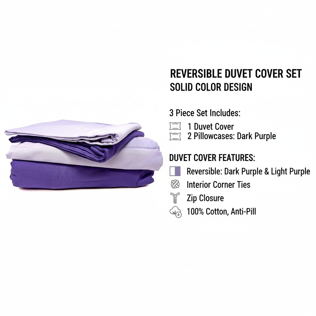 100% Cotton Reversible Duvet Cover Set in Dark Purple and Lavender – view 2