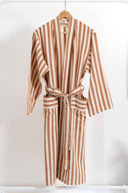 Biscotto Girit Caramel Stripe 100% Linen Turkish Peshtemal Robe – view 4