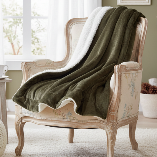 Evergreen Green Micro Fleece and Sherpa Throw Blanket