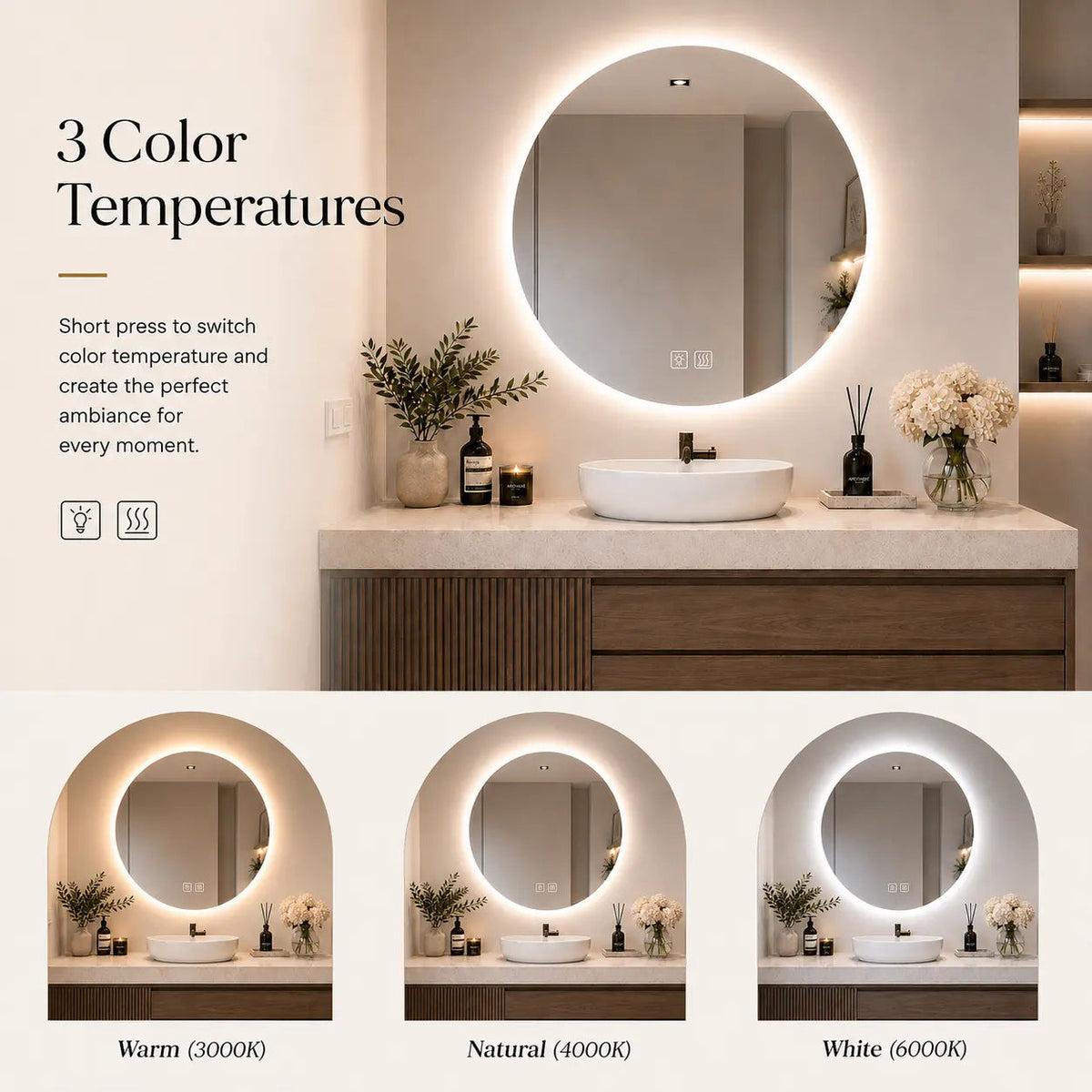 Round Backlit LED Bathroom Vanity Mirror with Dimmable Lights – view 3