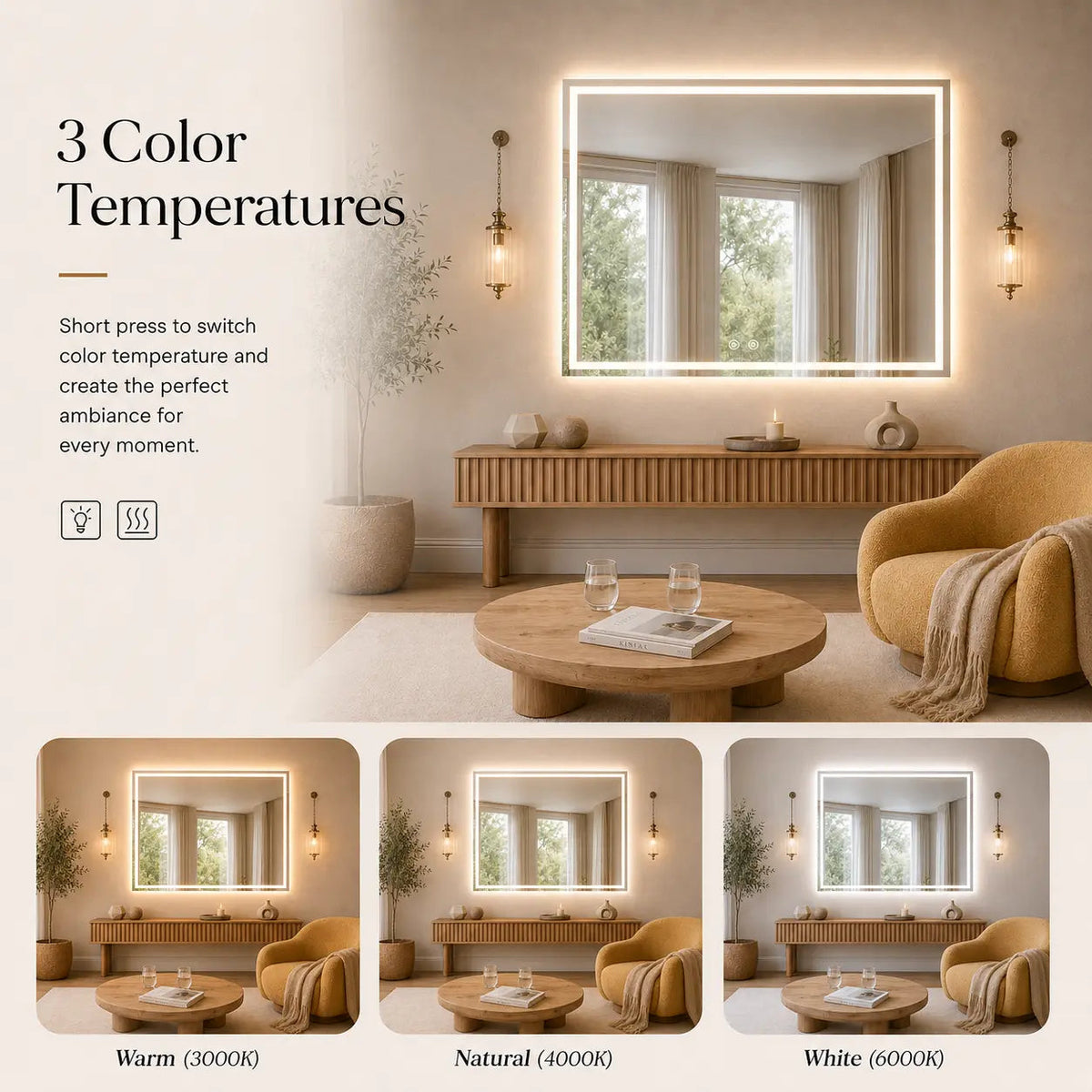 Compact Center Glow LED Bathroom Mirror with Anti-Fog and Dimmer – view 4
