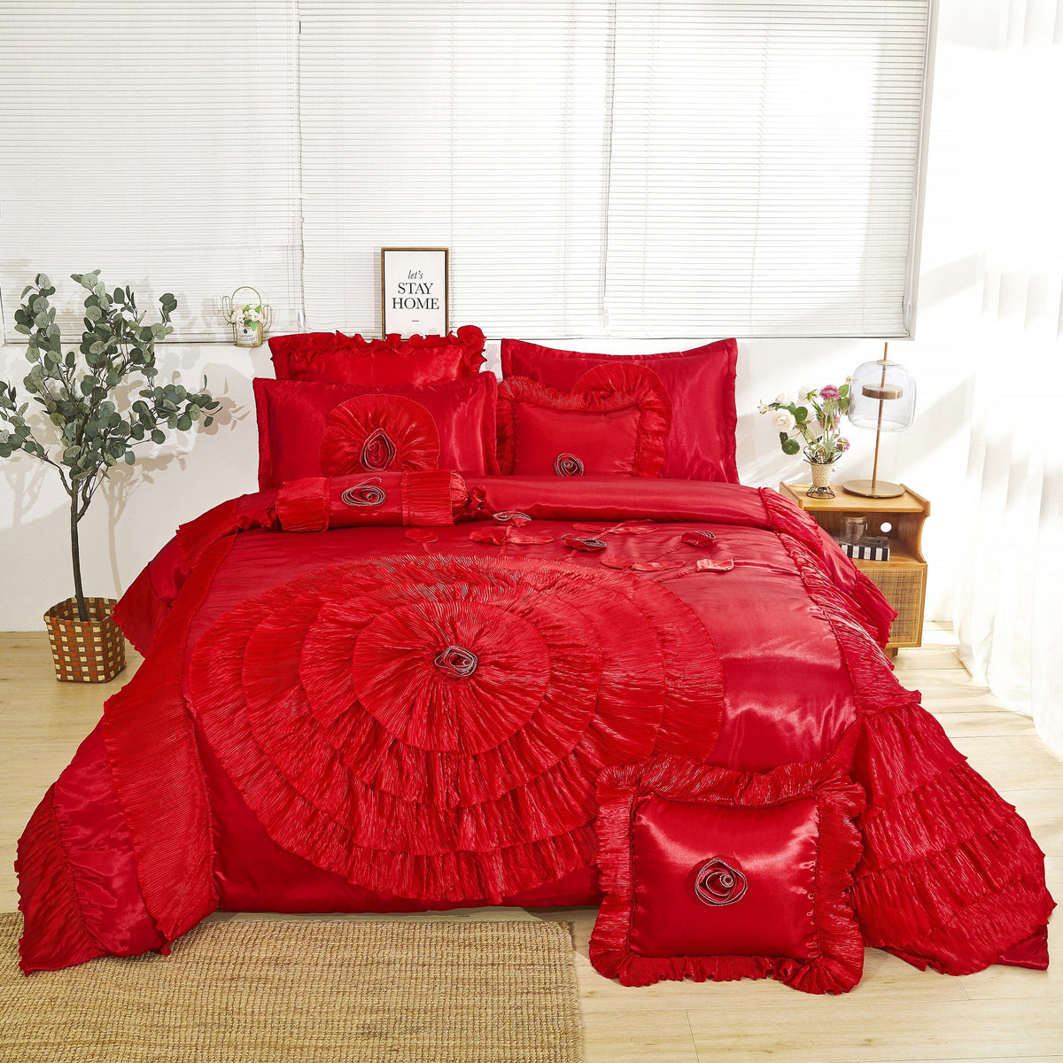 Satin Polyester Victorian Inspired Red Rose Comforter Set