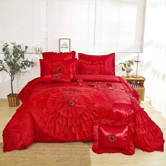 Satin Polyester Victorian Inspired Red Rose Comforter Set