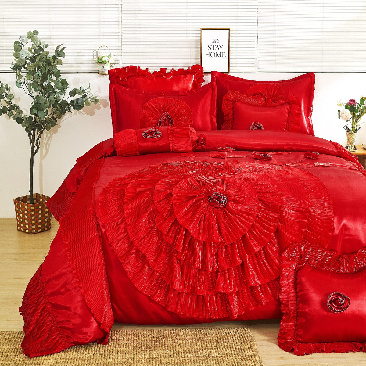Romantic Red Rose Satin Ruffle Victorian Glam Comforter Set – view 2