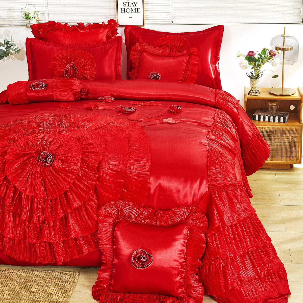 Romantic Red Rose Satin Ruffle Victorian Glam Comforter Set – view 3