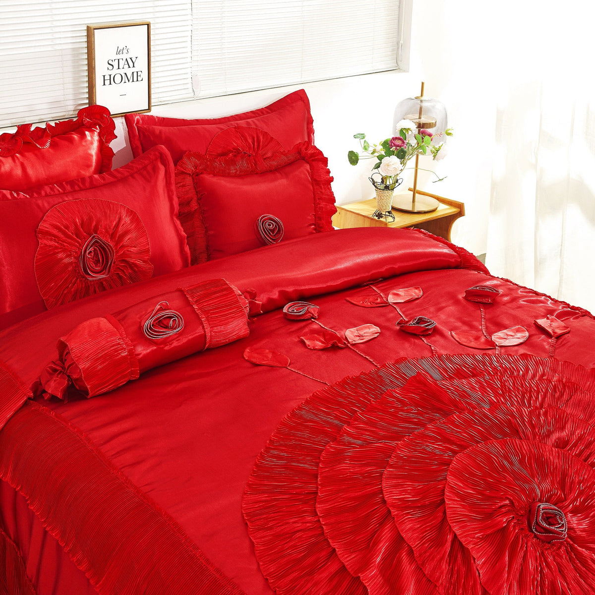 Romantic Red Rose Satin Ruffle Victorian Glam Comforter Set – view 4