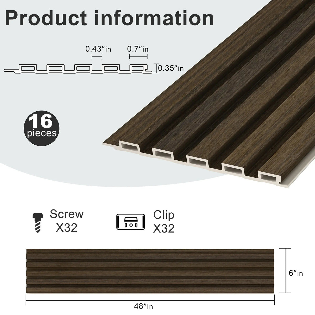 48 x 6 Inch WPC Slat Wall Panels, 16 Pack – Wood Finish Composite – view 2