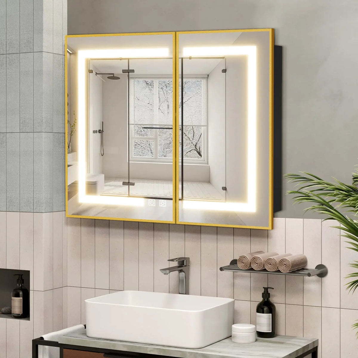 Framed Recessed LED Medicine Cabinet with Mirror, Dimmable – Medium – view 2