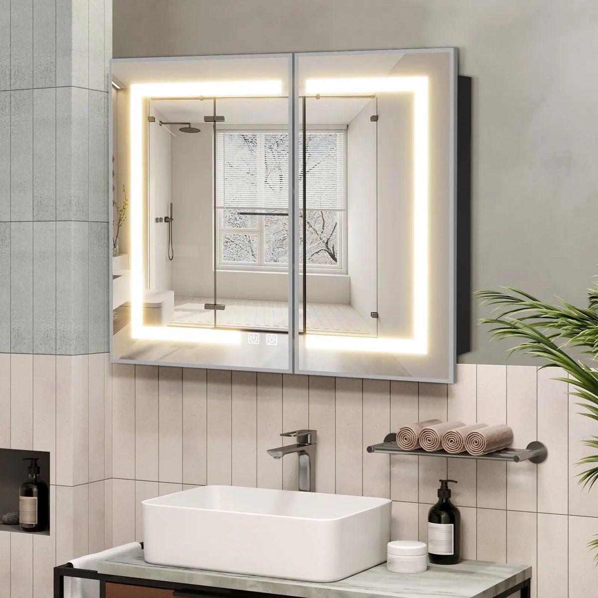 Framed Recessed LED Medicine Cabinet with Mirror, Dimmable – Medium – view 3