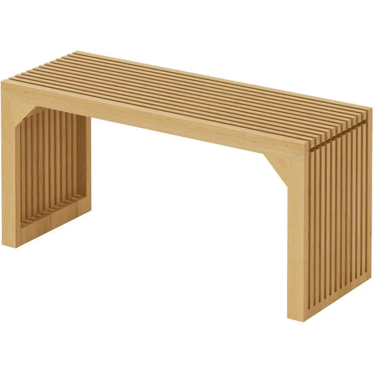 Natural wood 35-inch grille dining bench in a bright entryway